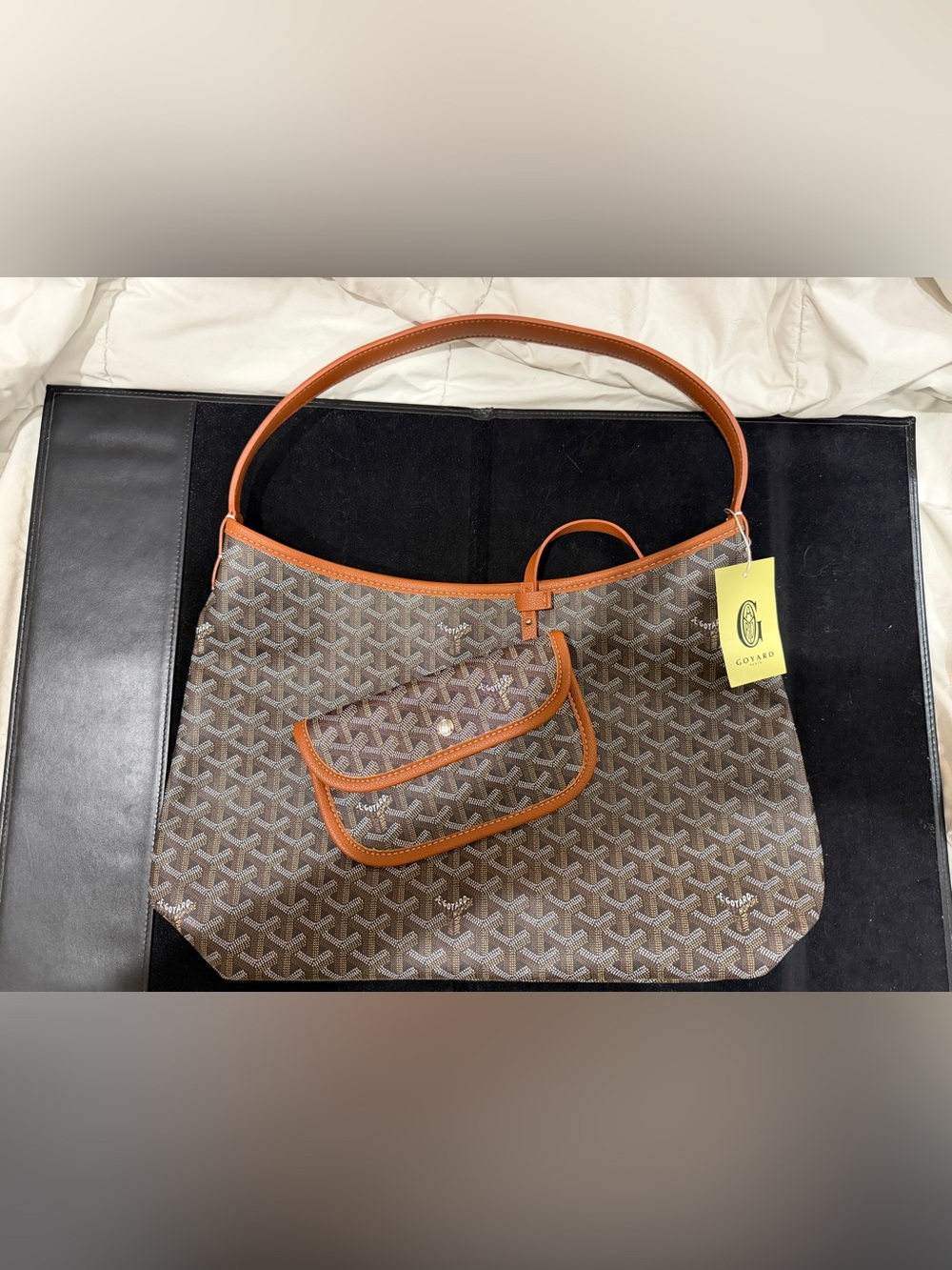 Goyard Brown Canvas Tote with Tan Leather Trim and Pouch